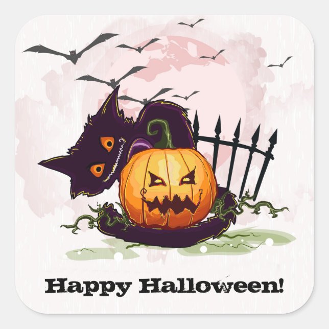 Sticker Carré Chat noir à la caricature Happy Halloween (Devant)