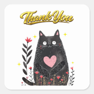 Sticker Carré Chat noir à l'aquarelle florale avec Merci cœur