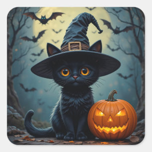 Sticker Carré Chat noir adorable portant un chapeau de sorcière