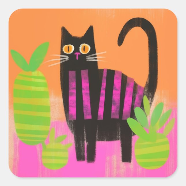 Sticker Carré Chat Noir avec des rayures roses et des plantes mé (Devant)