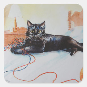 Sticker Carré Chat noir avec Fil