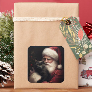 Sticker Carré Chat noir avec Noël Festif du Père Noël