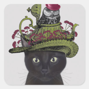 Sticker Carré Chat noir avec théière et hibou