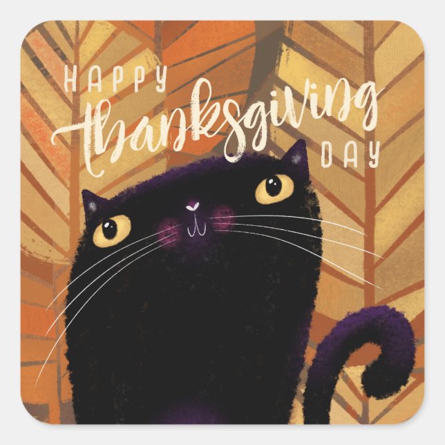 Sticker Carré Chat noir bon thanksgiving automne (Devant)