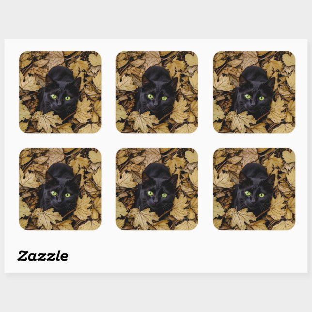 Sticker Carré Chat noir dans les feuilles d'automne (Feuille)