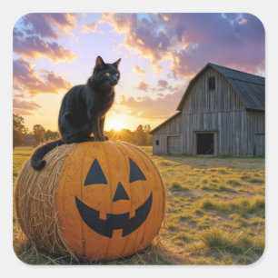 Sticker Carré Chat noir d'Halloween sur une botte de foin de cit