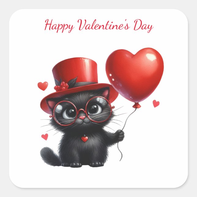 Sticker Carré Chat noir drôle avec ballons Saint-Valentin (Devant)