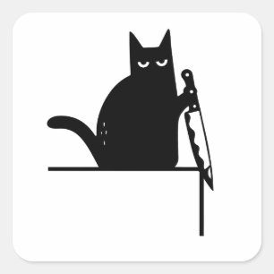 Sticker Carré Chat noir drôle avec décor de couteau, Chat de cad