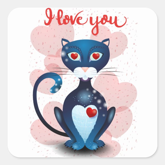 Sticker Carré Chat noir en amour (Devant)