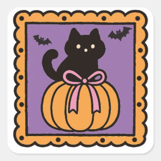 Sticker Carré Chat noir en Citrouille - Joli design Halloween