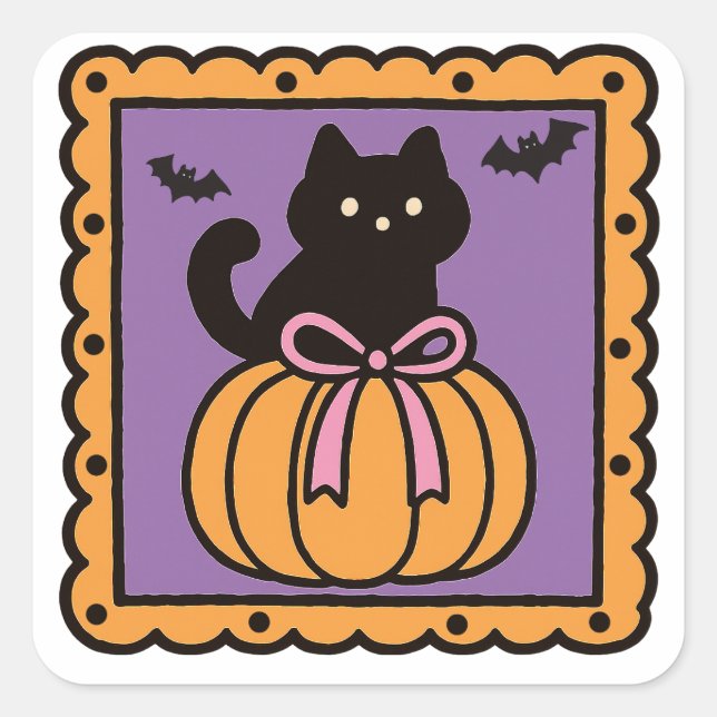 Sticker Carré Chat noir en Citrouille - Joli design Halloween (Devant)