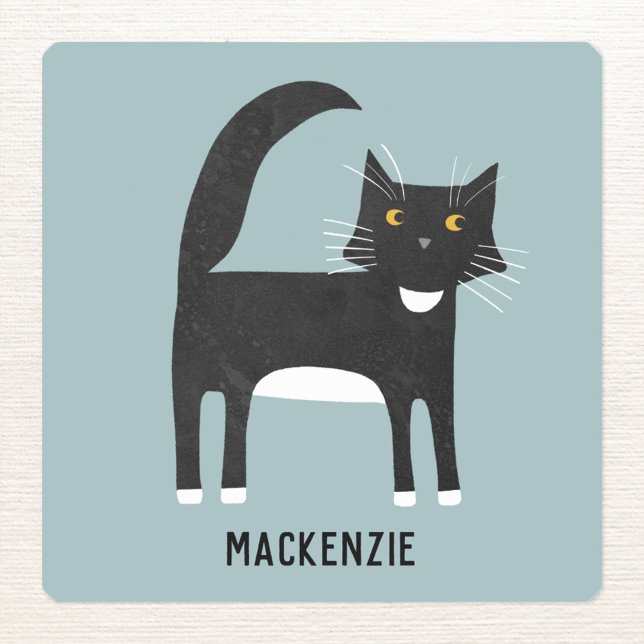 Sticker Carré Chat noir et blanc Personnalisé (Black and white tuxedo cat personalized fun sticker)