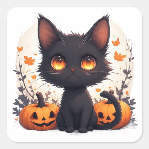 Sticker Carré Chat Noir et Citrouille d'Automne