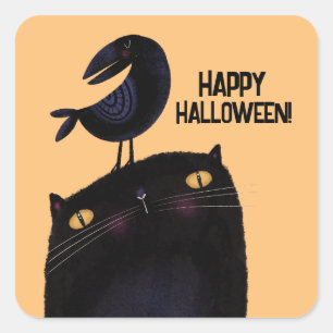 Sticker Carré Chat noir et corbeau