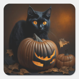 Sticker Carré Chat noir et Jack-O-Lantern