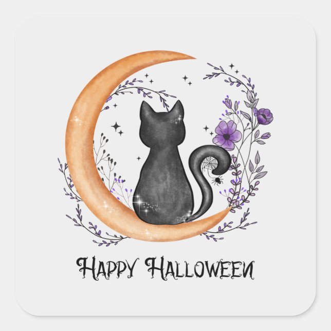 Sticker Carré Chat noir et lune de croissant pour Halloween heur (Devant)