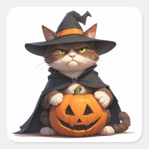 Sticker Carré Chat noir grincheux tenant une citrouille pour Hal