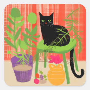 Sticker Carré Chat noir Houseplants