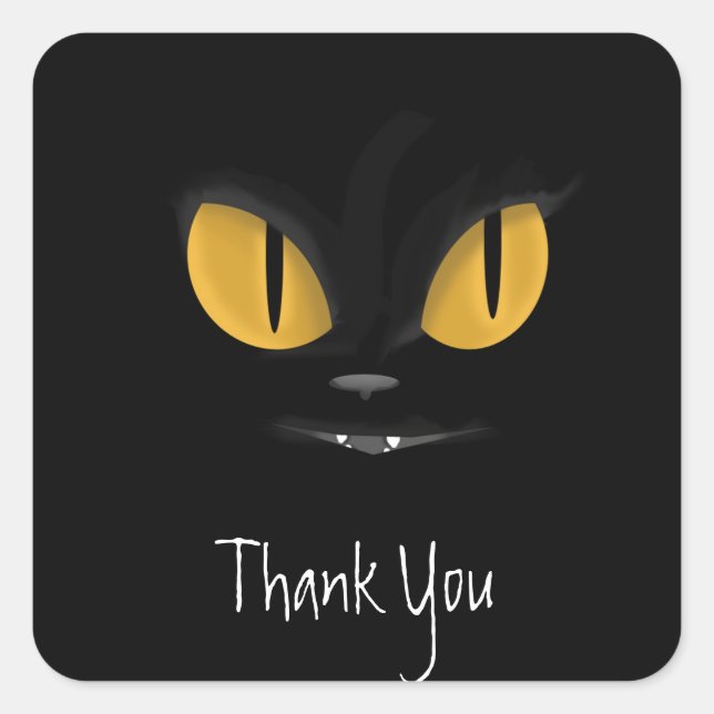 Sticker Carré Chat noir malicieux avec Merci des doigts (Devant)