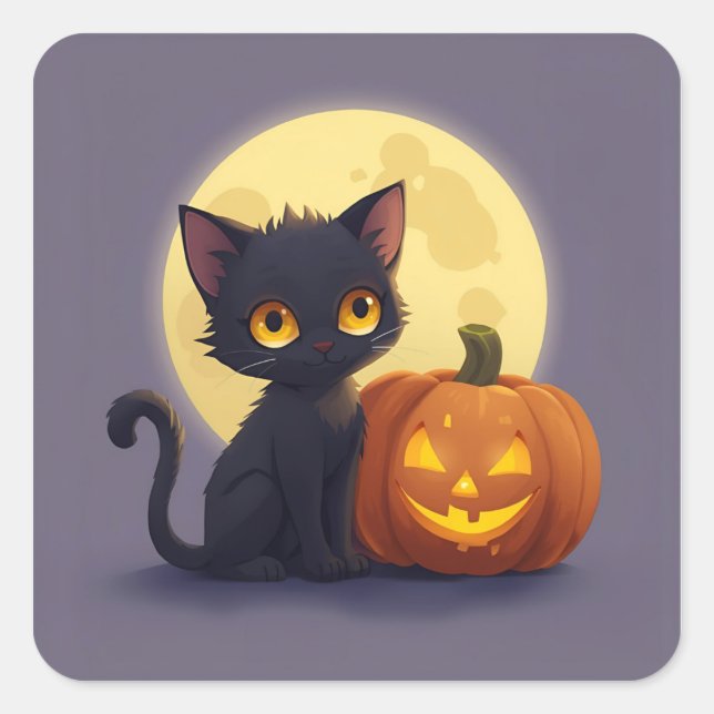 Sticker Carré Chat noir mignon avec Citrouille sculpté brillant (Devant)