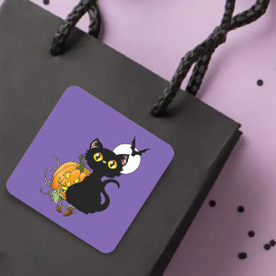 Sticker Carré Chat noir mignon violet Halloween citrouille effra