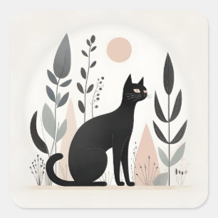 Sticker Carré Chat noir minimaliste Boho dans un Plante forestie