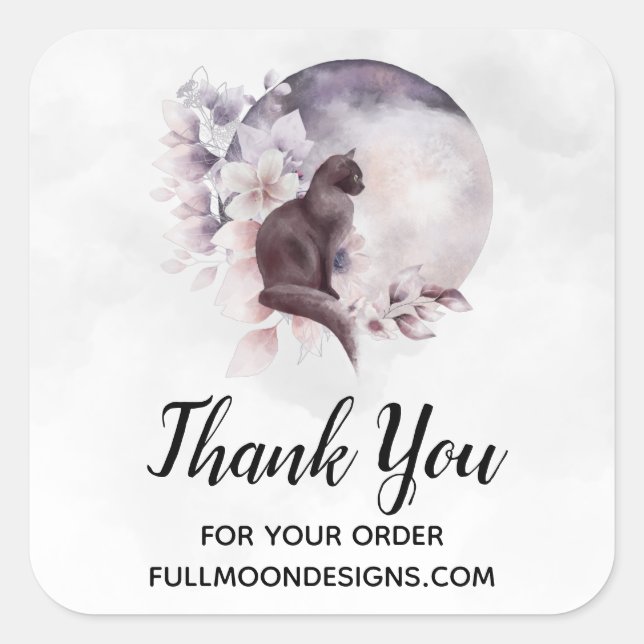 Sticker Carré Chat noir par une Pleine lune magique (Devant)