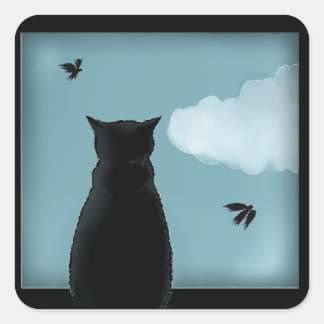 Sticker Carré Chat Noir Regardant Par La Fenêtre Au Ciel