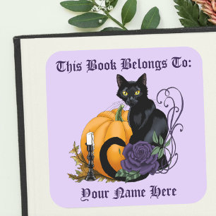 Sticker Carré Chat noir Rose pourpre Citrouille Ex-libris d'auto