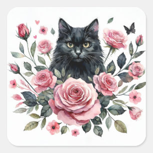 Sticker Carré Chat noir Roses roses roses Aquarelle