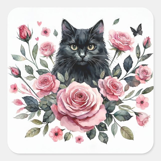 Sticker Carré Chat noir Roses roses roses Aquarelle (Devant)