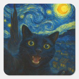 Sticker Carré Chat noir Starry Nuit Van Gogh Chat Selfie