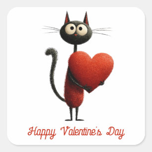 Sticker Carré Chat noir vintage avec la Saint-Valentin coeur