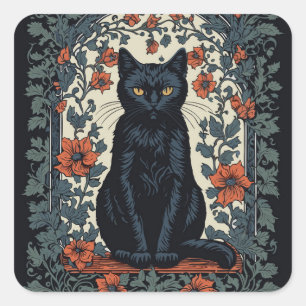 Sticker Carré Chat noir Vintage Floral