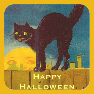 Sticker Carré Chat noir vintage Halloween