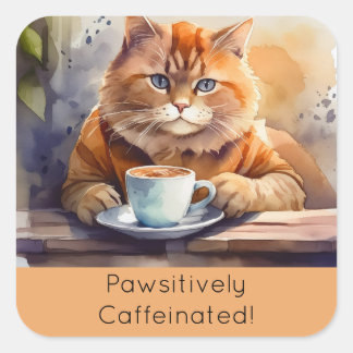 Sticker carré Chat orange Boire Café
