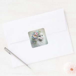Sticker Carré Chat Perse Blanc Avec Laurel Floral