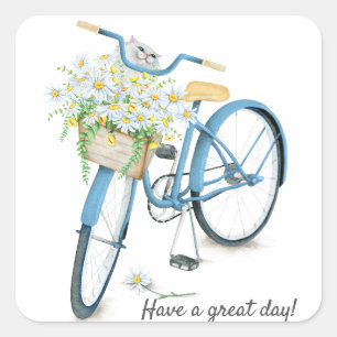 Sticker Carré Chat perse dans la marguerite en vélo