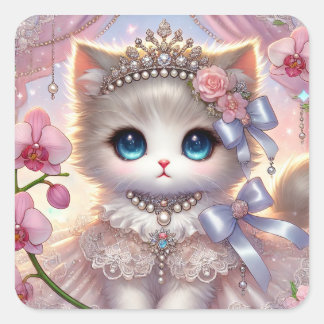 Sticker Carré Chat princesse aux fleurs roses