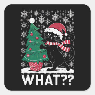 Sticker Carré Chat Quel Drôle De Chat Noir Poussant L'arbre De N