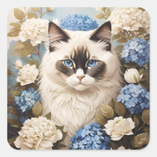 Sticker Carré Chat Ragdoll Avec Fleurs Bleues D'Hydrangée