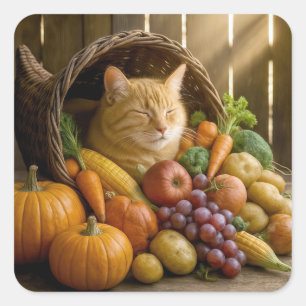Sticker Carré Chat roux dans une corne d'abondance de Thanksgivi