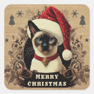 Sticker Carré Chat Siamese, Noël Père Noël Kitten