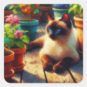 Sticker Carré Chat siamois dans la peinture à l'huile du jardin