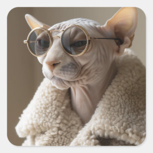 Sticker Carré Chat Sphynx élégant en lunettes de soleil et mante