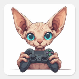 Sticker Carré Chat Sphynx tenant une manette de jeu