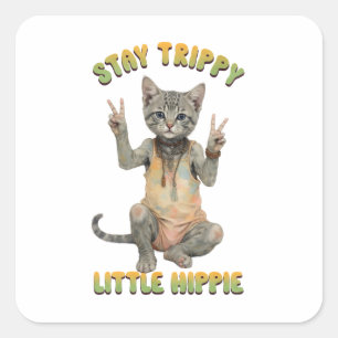 Sticker Carré Chat Tabby Gris Bohème Reste Trippy Petit Hippie
