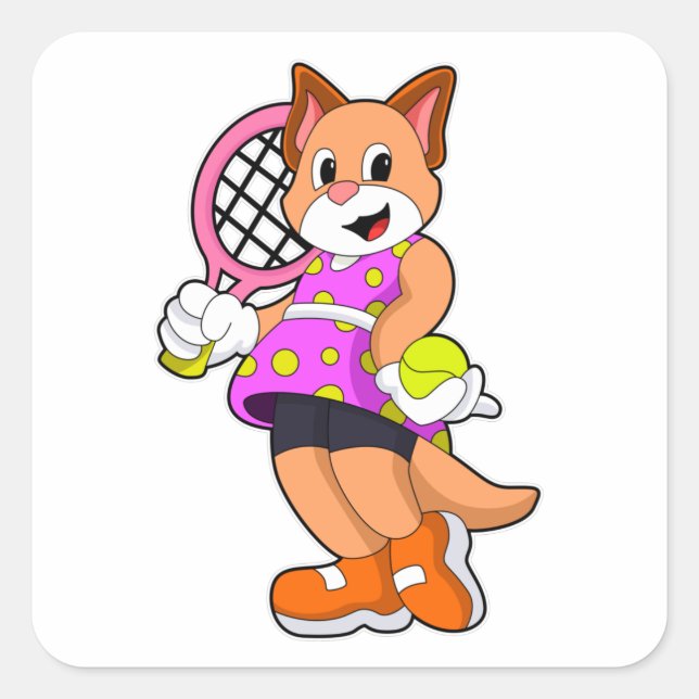 Sticker Carré Chat Tennis avec raquette de tennis (Devant)