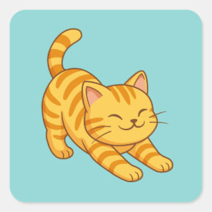 Sticker Carré Chat Tigre Orange Étiré Vert