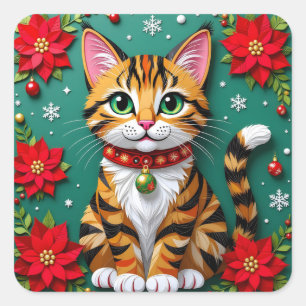 Sticker Carré Chat tigré, poinsettias et flocons de Noël